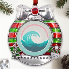 Tidal Wave Ocean Sea Tsunami Wave Minimalist Metal X mas Ribbon With Red Crystal Round Ornament by uniart180623