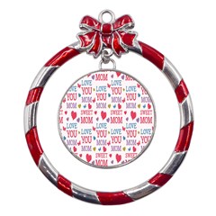 Love Mom Happy Mothers Day I Love Mom Graphic Metal Red Ribbon Round Ornament by Vaneshop