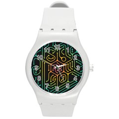 Circuit Hexagonal Geometric Pattern Background Pattern Round Plastic Sport Watch (m) by Vaneshop