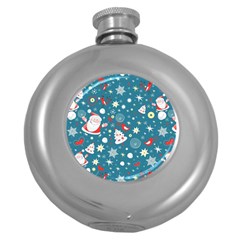 Christmas Pattern Santa Blue Round Hip Flask (5 Oz) by Sarkoni