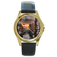 River Buildings City Urban Round Gold Metal Watch by Sarkoni