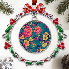 Floral Art Flowers Textile Metal X mas Wreath Ribbon Ornament by Ravend