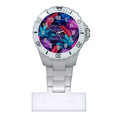 Background With Violet Blue Tropical Leaves Plastic Nurses Watch by Bedest