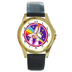 Badge Patch Pink Rainbow Rocket Round Gold Metal Watch by Sarkoni