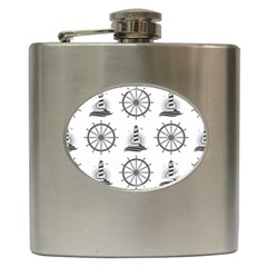 Marine Nautical Seamless Pattern With Vintage Lighthouse Wheel Hip Flask (6 Oz) by Bedest