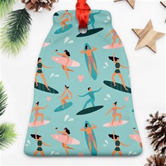 Beach Surfing Surfers With Surfboards Surfer Rides Wave Summer Outdoors Surfboards Seamless Pattern Ornament (bell) by Bedest