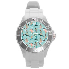 Beach Surfing Surfers With Surfboards Surfer Rides Wave Summer Outdoors Surfboards Seamless Pattern Round Plastic Sport Watch (l) by Bedest