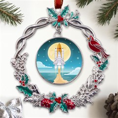 Space Exploration Illustration Metal X mas Wreath Holly Leaf Ornament by Bedest
