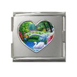 Swan Bird Spring Flowers Trees Lake Pond Landscape Original Aceo Painting Art Mega Link Heart Italian Charm (18mm) Front