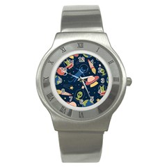 Seamless Pattern With Funny Alien Cat Galaxy Stainless Steel Watch by Ndabl3x