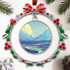 Mountains And Trees Illustration Painting Clouds Sky Landscape Metal X mas Wreath Ribbon Ornament by Cendanart