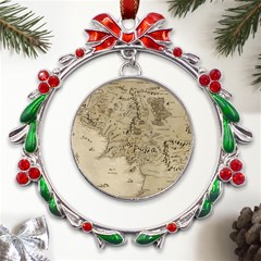 Retro Vintage Gray Map Middle Earth Metal X mas Wreath Ribbon Ornament by Cendanart