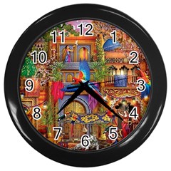 Arabian Street Art Colorful Peacock Tiger Man Parrot Horse Dancer Fantasy Wall Clock (black) by Cemarart