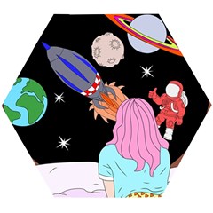 Girl Bed Space Planets Spaceship Rocket Astronaut Galaxy Universe Cosmos Woman Dream Imagination Bed Wooden Puzzle Hexagon by Maspions