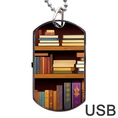 Book Nook Books Bookshelves Comfortable Cozy Literature Library Study Reading Room Fiction Entertain Dog Tag Usb Flash (two Sides) by Maspions