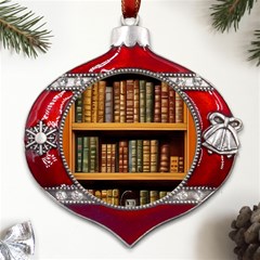 Room Interior Library Books Bookshelves Reading Literature Study Fiction Old Manor Book Nook Reading Metal Snowflake And Bell Red Ornament by Grandong