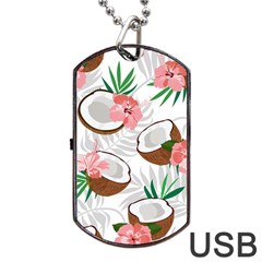 Seamless Pattern Coconut Piece Palm Leaves With Pink Hibiscus Dog Tag Usb Flash (two Sides) by Apen