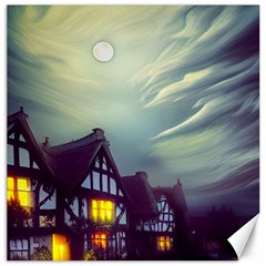 Village Moon Cloudy Historical Tudor Architecture Houses Town Night Windows City Canvas 16  X 16  by Posterlux