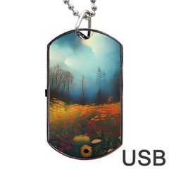 Wildflowers Field Outdoors Clouds Trees Cover Art Storm Mysterious Dream Landscape Dog Tag Usb Flash (two Sides) by Posterlux
