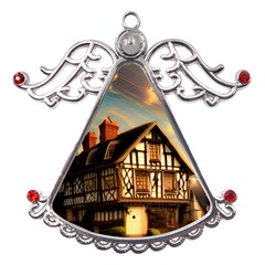 Village House Cottage Medieval Timber Tudor Split Timber Frame Architecture Town Twilight Chimney Metal Angel With Crystal Ornament by Posterlux