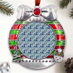 Blue Roses Metal X mas Ribbon With Red Crystal Round Ornament by DinkovaArt