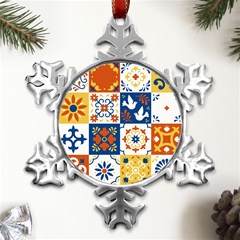 Mexican Talavera Pattern Ceramic Tiles With Flower Leaves Bird Ornaments Traditional Majolica Style Metal Small Snowflake Ornament by Ket1n9