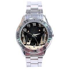 Christmas Winter Xmas Scene Nature Forest Tree Moon Stainless Steel Analogue Watch by Apen