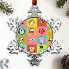 Owls Pattern, Abstract, Art, Desenho Metal Small Snowflake Ornament by kyorashop23