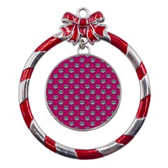 Calavera Cat Art Pattern Metal Red Ribbon Round Ornament by ExtraAwesomeSauce