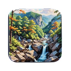 Serene Mountain Waterfall Landscape Square Metal Box (black) by ExtraAwesomeSauce