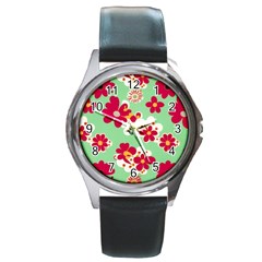 Retro 1960s Flowers Pattern Round Metal Watch by violetheavensky