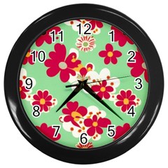 Retro 1960s Flowers Pattern Wall Clock (black) by violetheavensky