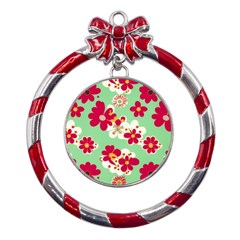 Retro 1960s Flowers Pattern Metal Red Ribbon Round Ornament by violetheavensky