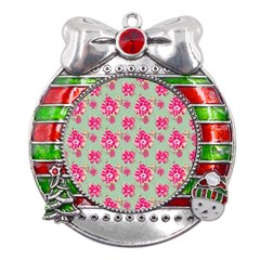 Retro 1880s Flowers Pattern 11 Metal X mas Ribbon With Red Crystal Round Ornament by violetheavensky