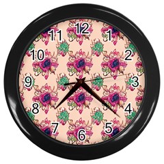Retro 1880s Flowers Pattern 10 Wall Clock (black) by violetheavensky