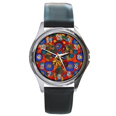 Mid Century Retro Floral 1970s 1960s Pattern 69 Round Metal Watch by violetheavensky