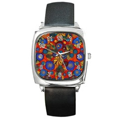 Mid Century Retro Floral 1970s 1960s Pattern 69 Square Metal Watch by violetheavensky