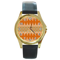 Winter Wonderland Seamless Pattern: Christmas Trees & Snowflakes On Dark Background Round Gold Metal Watch by ArtfulThreads