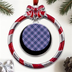 Purple Plaid Tartan 1 Diagonal Metal Red Ribbon Round Ornament by dressshop