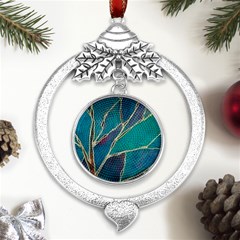 Aqua Batik, Abstract, Colorful Metal Silver X mas Leaves Round Ornament by kyorashop23