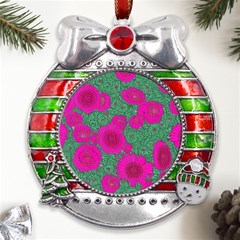 Mid Century Retro Floral 1970s 1960s Pattern 97 Metal X mas Ribbon With Red Crystal Round Ornament by violetheavensky