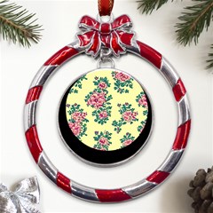 Retro 1880s Flowers Pattern 8 Metal Red Ribbon Round Ornament by violetheavensky
