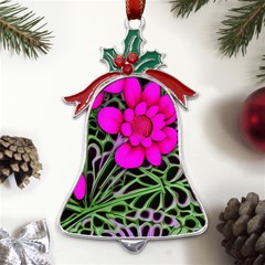 Mid Century Retro Floral 1970s 1960s Pattern 99 Metal Holly Leaf Bell Ornament by violetheavensky