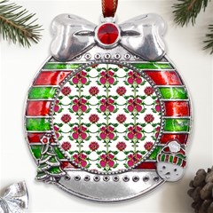 Retro 1880s Flowers Pattern 2 Metal X mas Ribbon With Red Crystal Round Ornament by violetheavensky