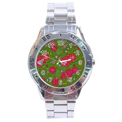 Mid Century Retro Floral 1970s 1960s Pattern 88 Stainless Steel Analogue Watch by violetheavensky