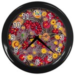 Mid Century Retro Floral 1970s 1960s Pattern 90 Wall Clock (Black) Front