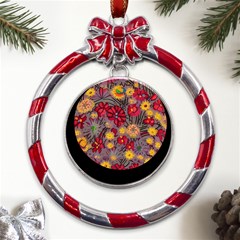 Mid Century Retro Floral 1970s 1960s Pattern 90 Metal Red Ribbon Round Ornament by violetheavensky