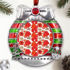 Mid Century Retro Floral 1970s 1960s Pattern 91 Metal X mas Ribbon With Red Crystal Round Ornament by violetheavensky