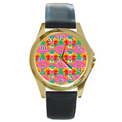 Retro 40s 50s Mexico Flowers Pattern Round Gold Metal Watch by violetheavensky