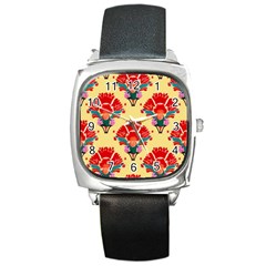 Retro 40s 50s Mexico Flowers Pattern 4 Square Metal Watch by violetheavensky